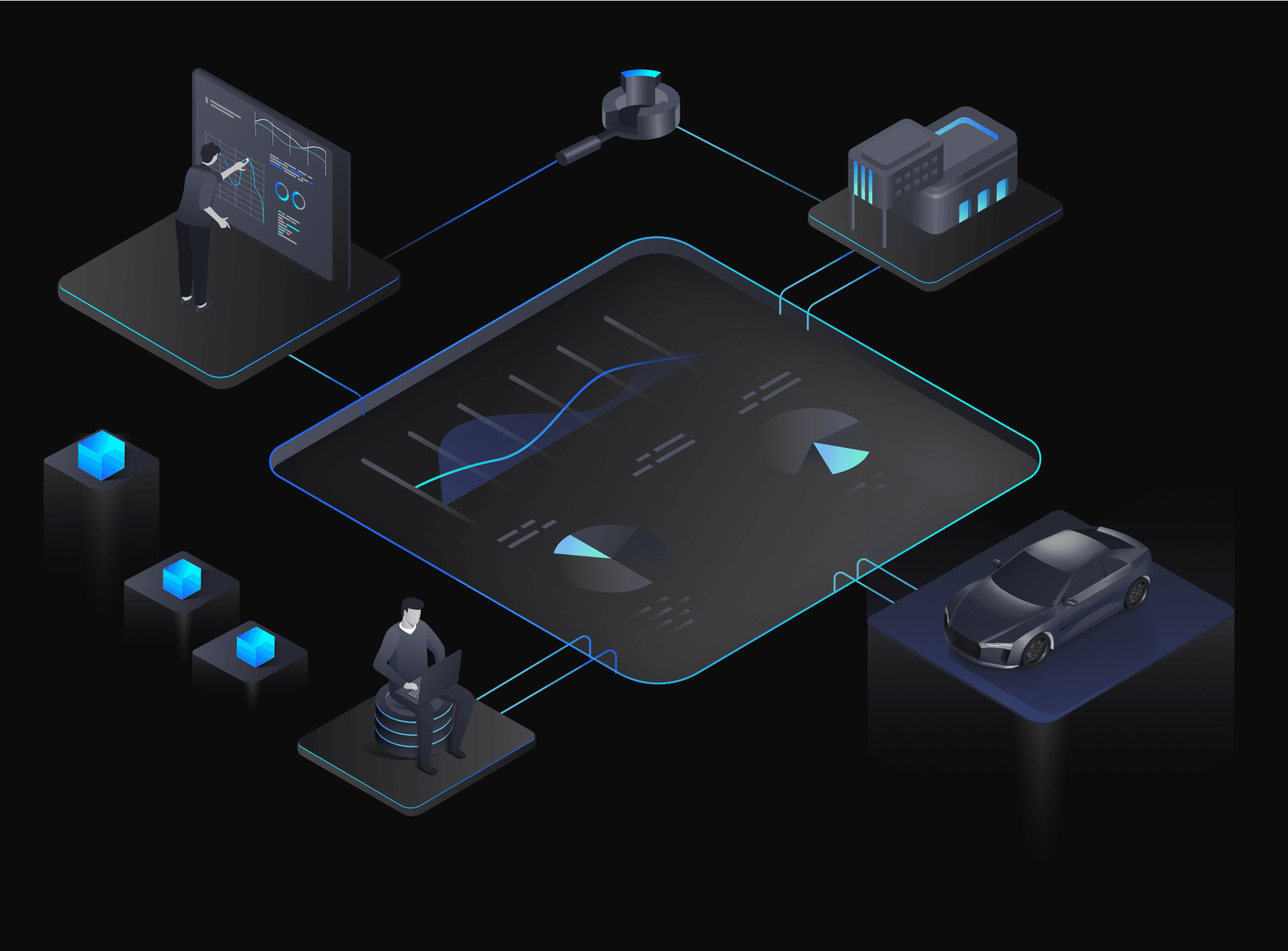 Tekion Advanced Analytics hero image that shows connections between every aspect of the dealership to help shape profitable futures