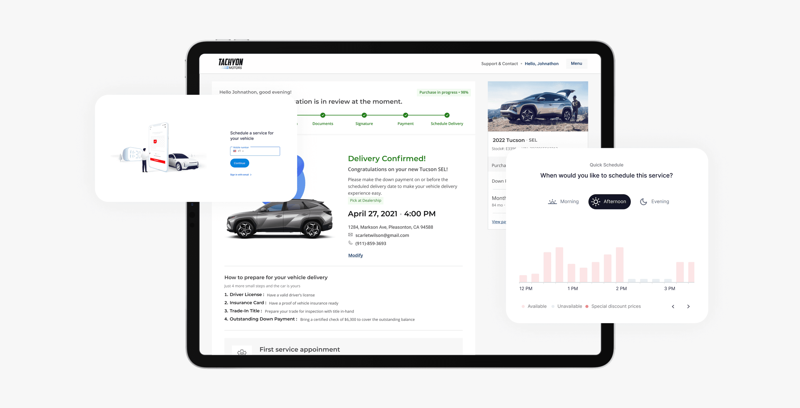 Tablet screen shwoing options for customers to complete vehicle purchases online without visiting the dealership in person